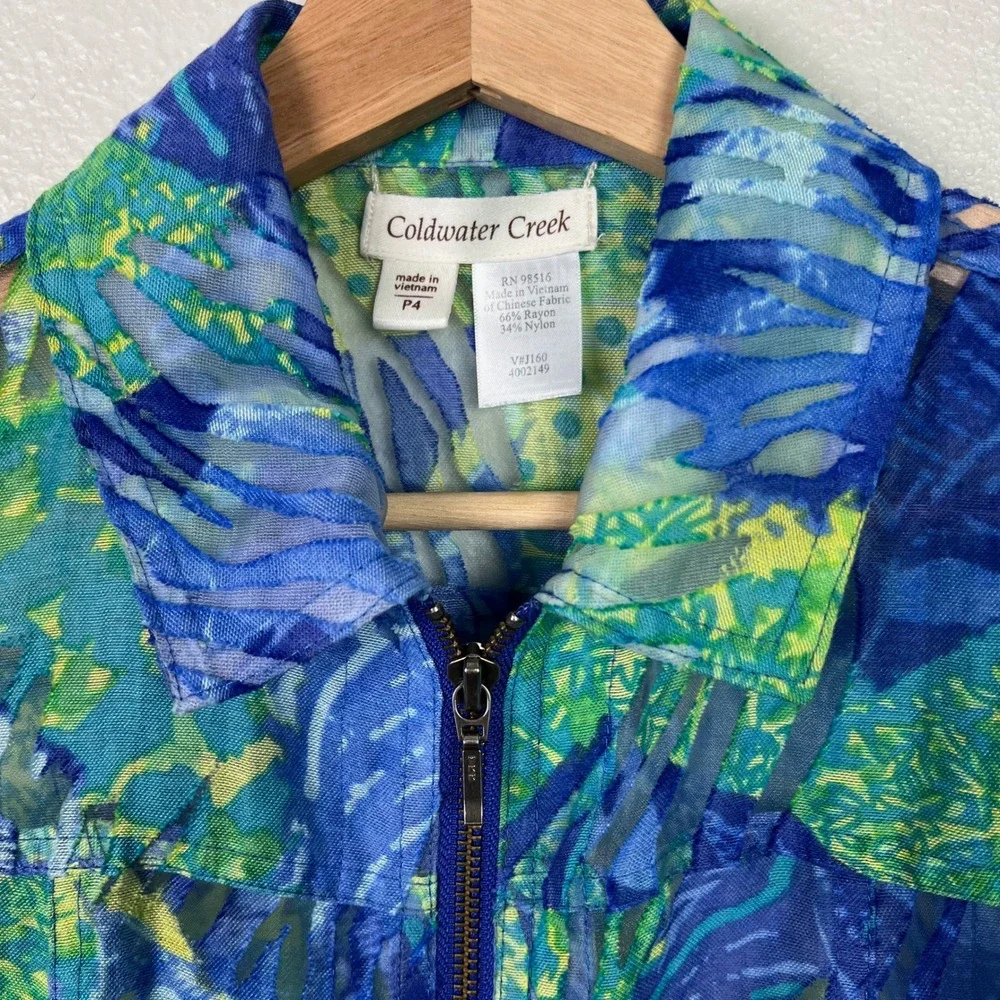 Coldwater Creek Women's Petite 4 Blue Green Burn out Sheer Zip 3/4 Sleeve Jacket